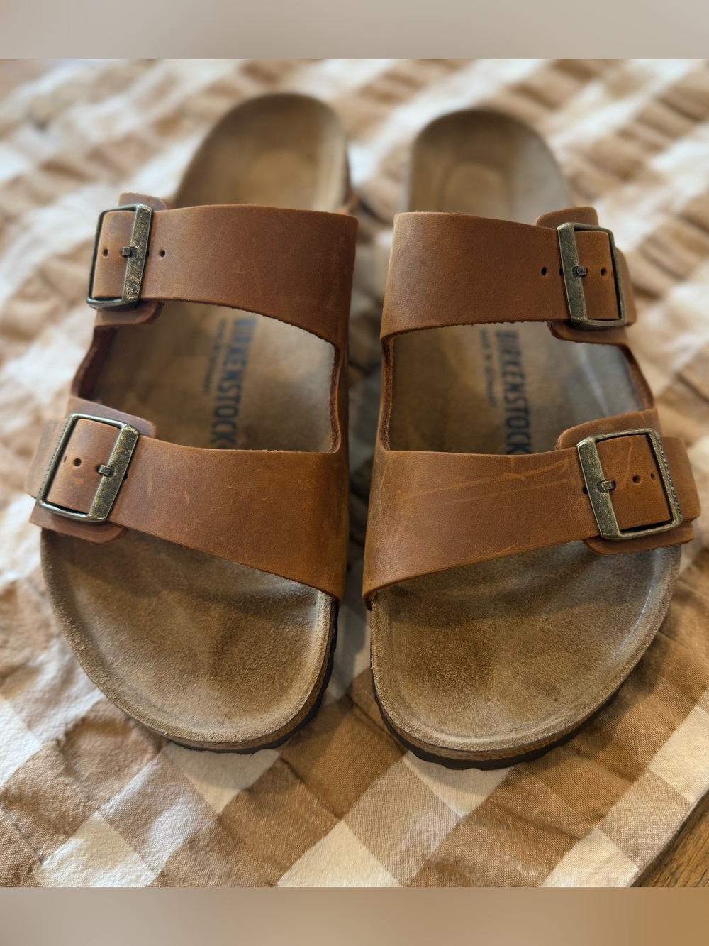 Birkenstock Arizona *Like New* Two-Strap Leather Slide Sandals Cognac Leather